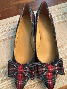 J. Crew Red/Blue  Plaid Bow Pointed-Toe kitten heels